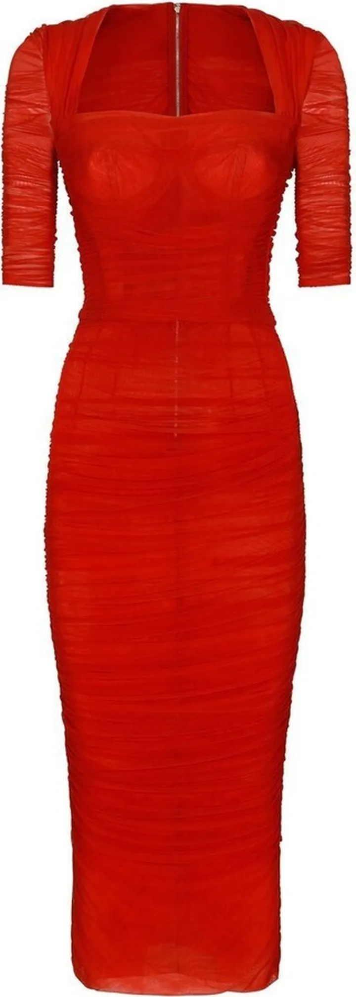 Red Ruched Bustier Midi Dress