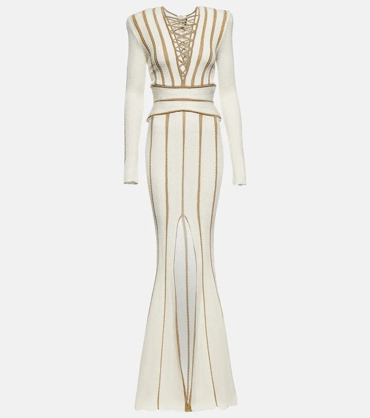 Striped ribbed-knit gown