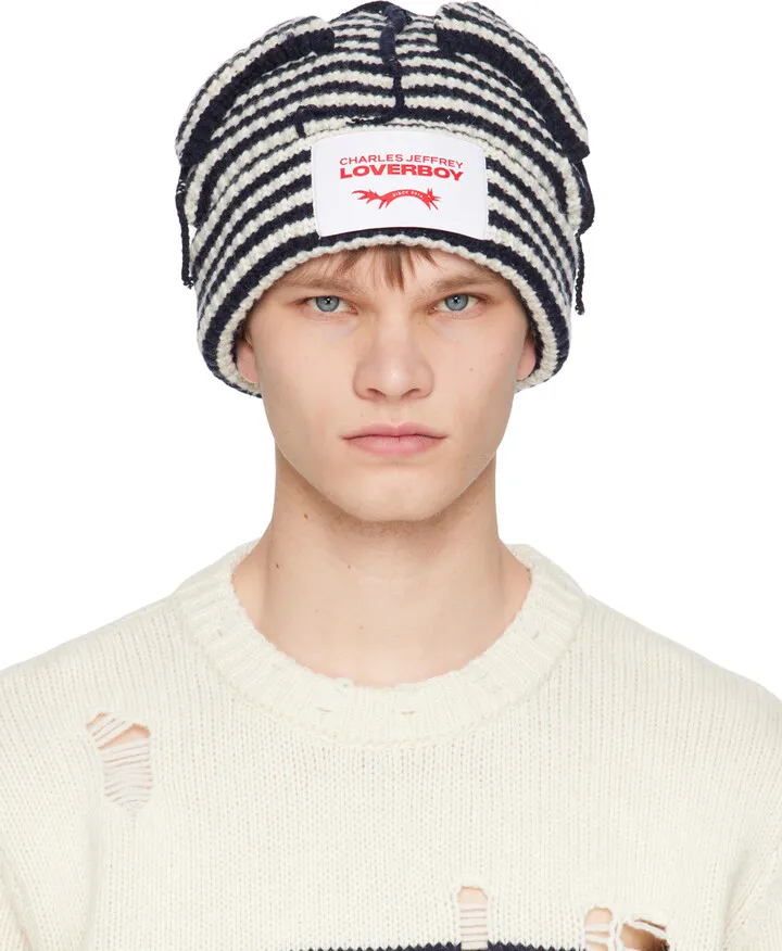 Charles Jeffrey Loverboy Navy & White Chunky Ears Beanie