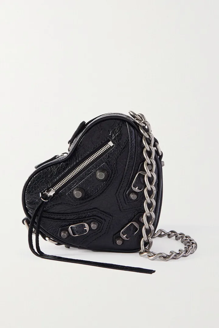 Balenciaga - Le Cagole Heart Mini Studded Crinkled-leather Shoulder Bag - Black