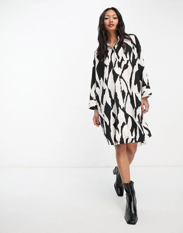 Monki mini shirt dress in black and cream print