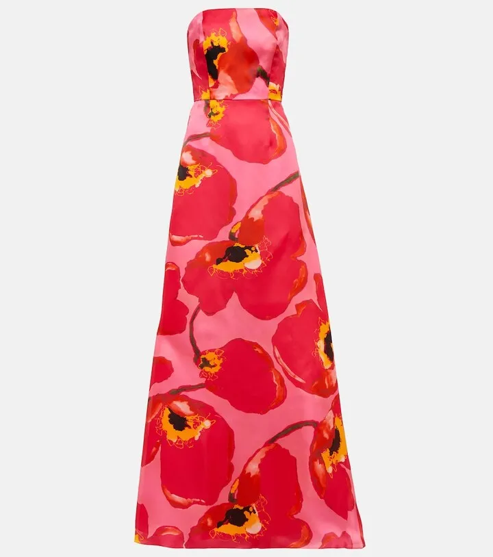 Floral strapless silk gown