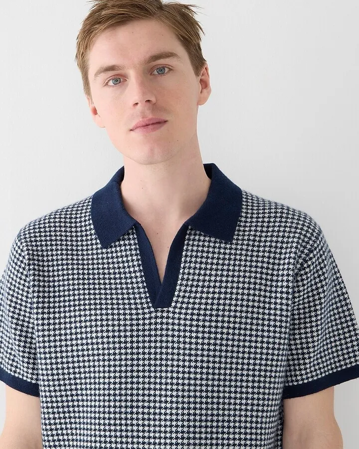 Cashmere short-sleeve johnny-collar sweater-polo in houndstooth