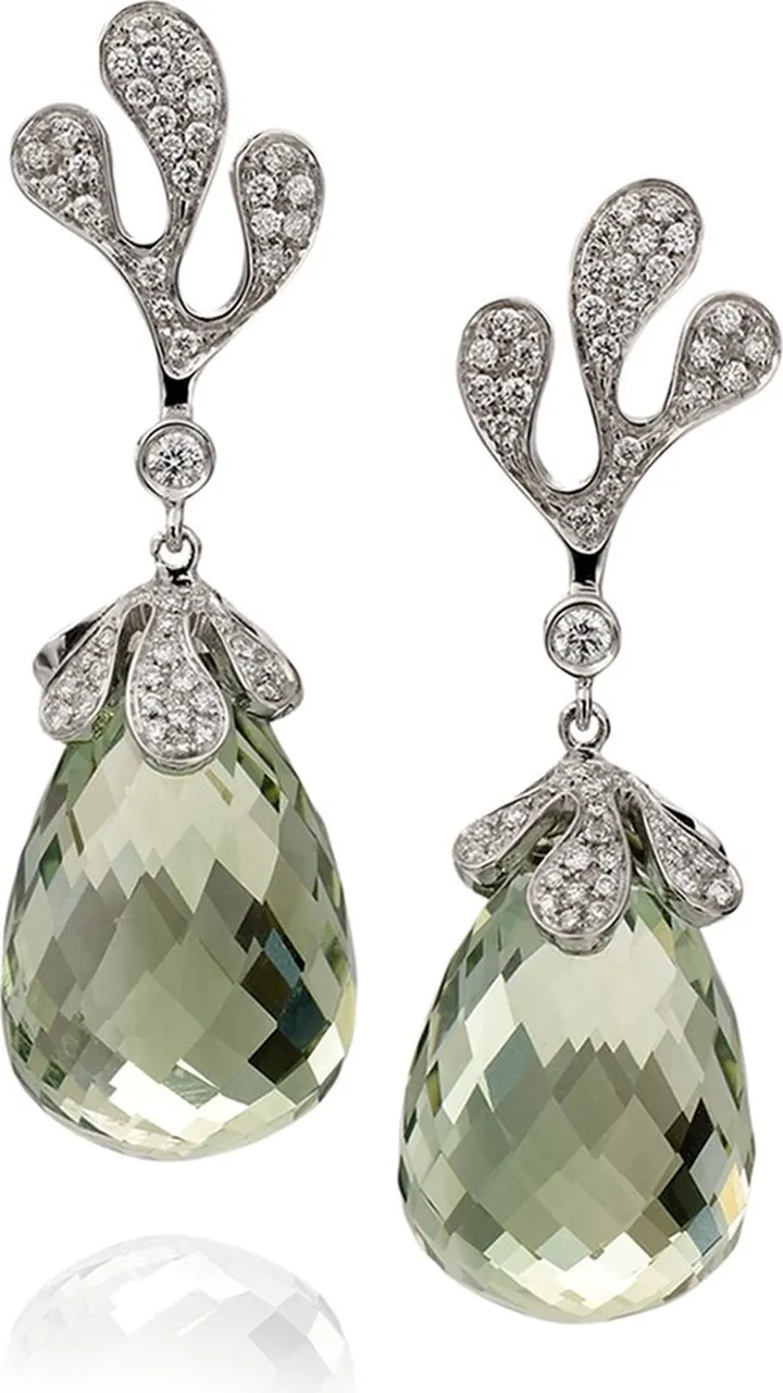 Sea Leaf 18k White Gold Diamond & Green Amethyst Earrings