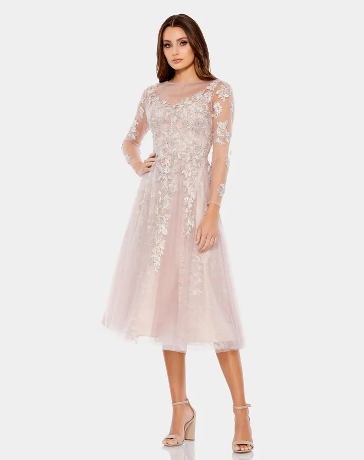 Embroidered Illusion Long Sleeve A Line Dress
