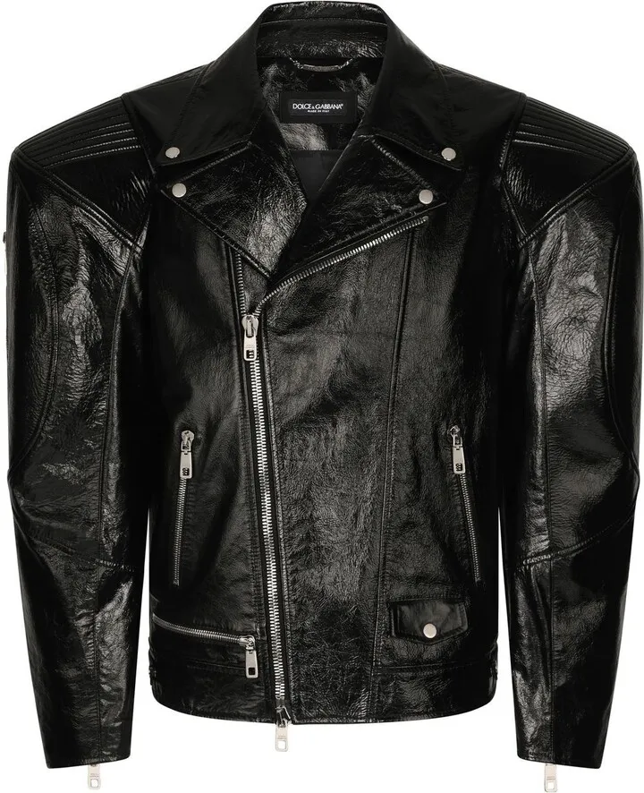 Padded-Shoulder Leather Biker Jacket