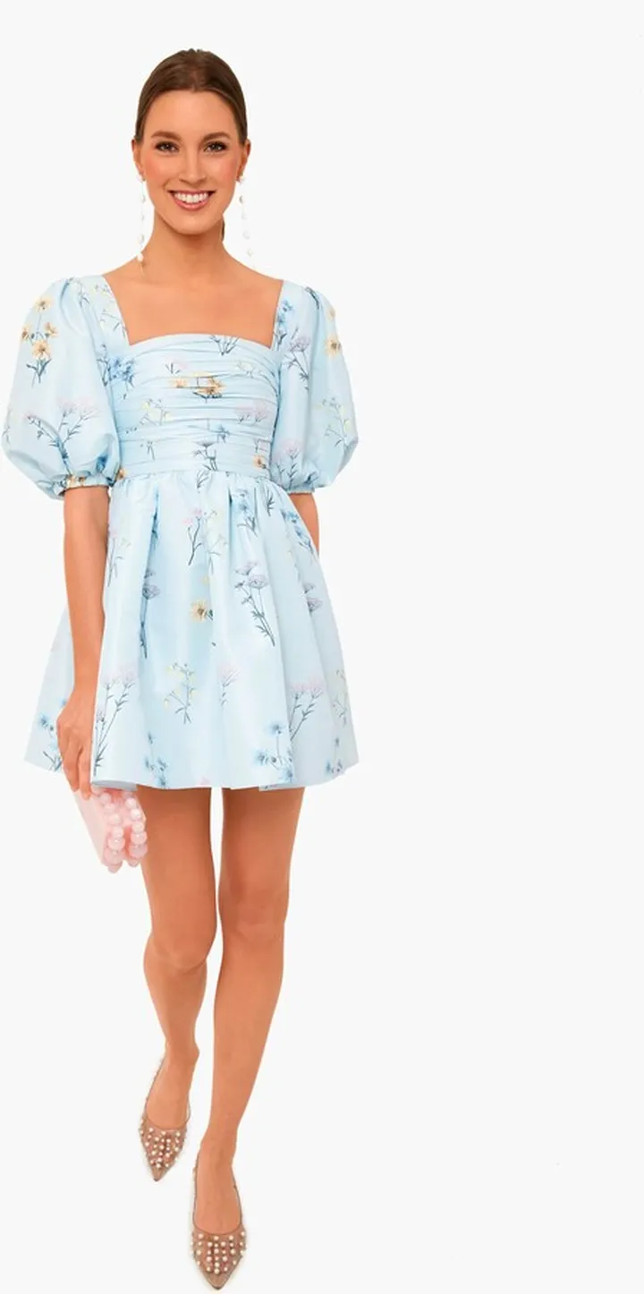 Blue Floral Watercolour Taffeta Mini Dress