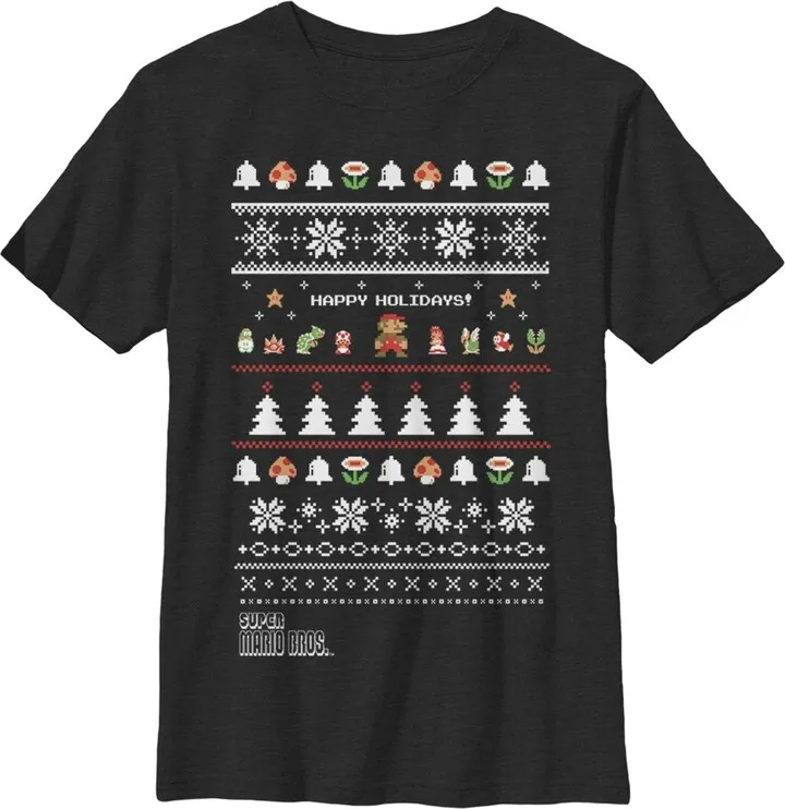 Boy's Nintendo Ugly Christmas Super Mario Happy Holidays T-Shirt - Black - Medium
