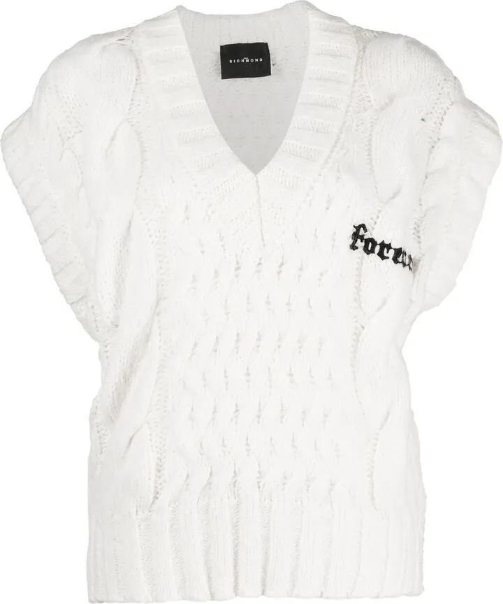 V-neck cable-knit sleeveless jumper