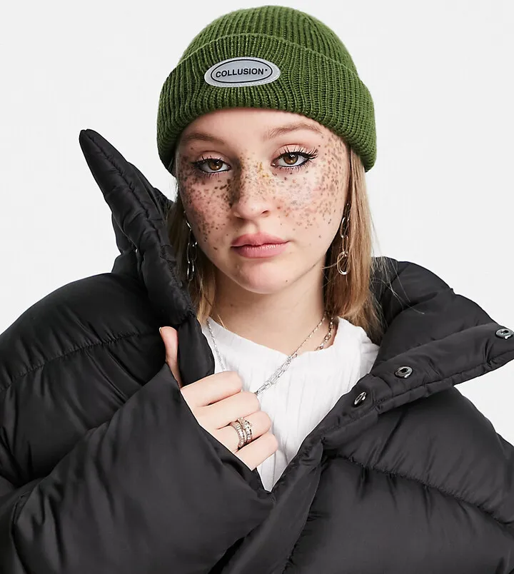 COLLUSION Unisex fisherman beanie with logo in green