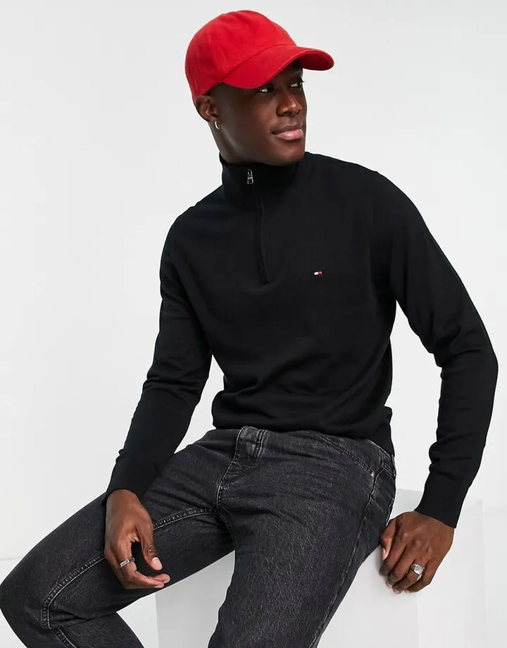 Tommy Hilfiger blend half zip mock neck sweater in black