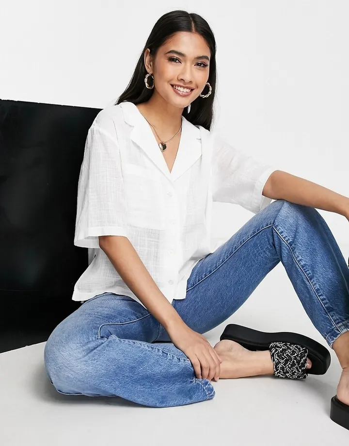 Topshop lighweight resort crop shirt in ivory