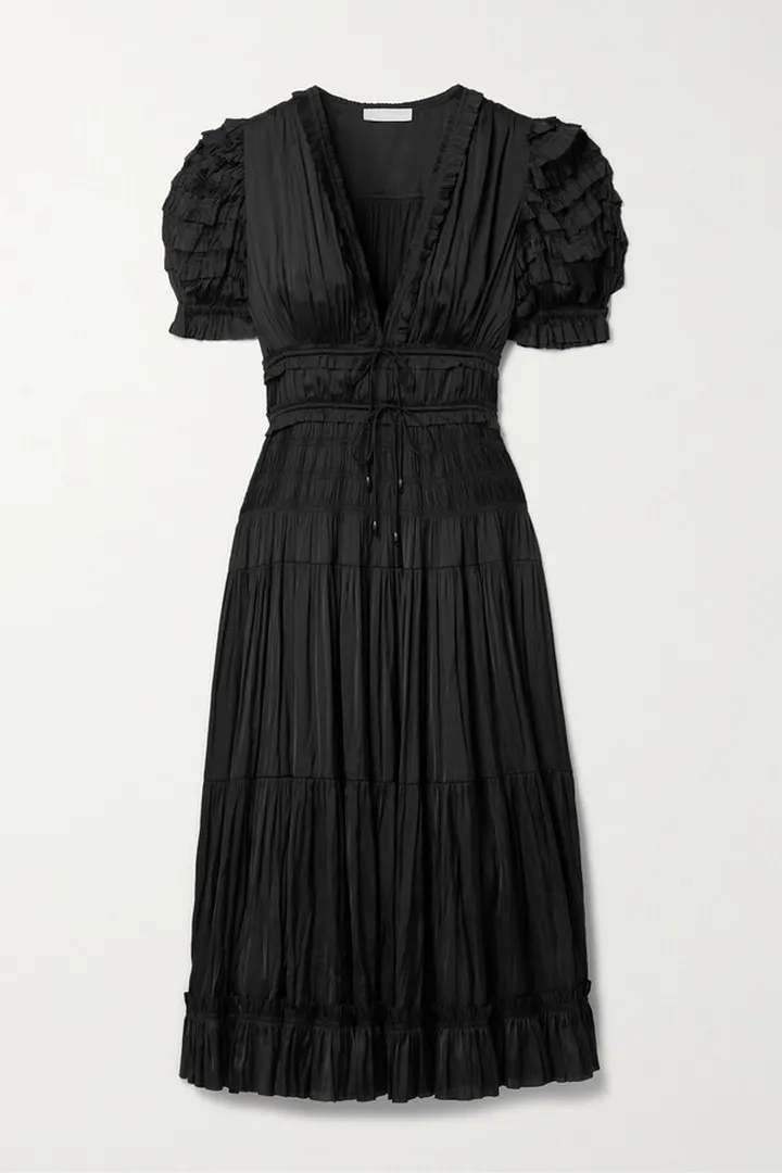 Ulla Johnson - Carine Ruffled Gathered Satin Midi Dress - Black