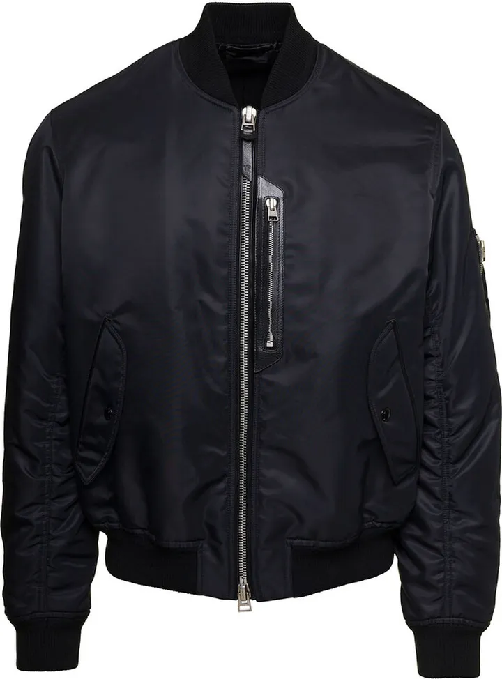 Black Satin Bomber Jacket With Gathering Detail In Polyammide Man