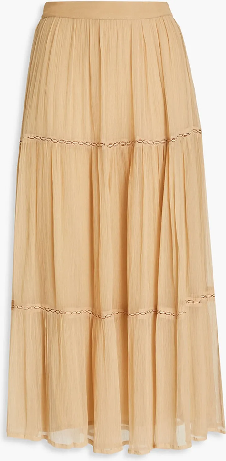 Gardenia Eden crochet-trimmed crepon midi skirt
