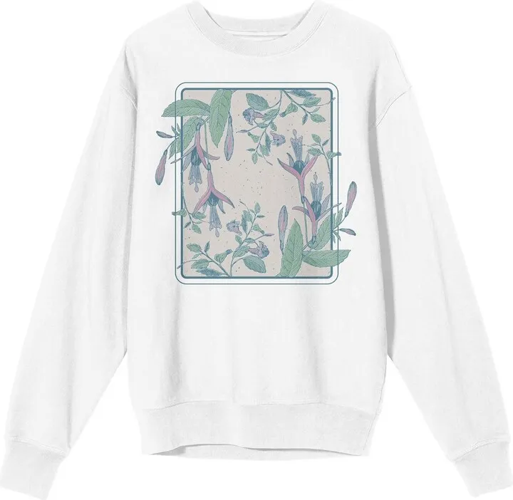 Fuchsia Flower Crew Neck Long Sleeve White Adult Sweatshirt-Small