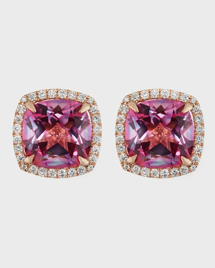 18K White Gold Pink Topaz Diamond Halo Stud Earrings