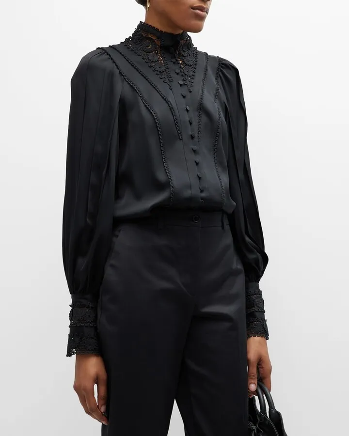 Saff Pleated Bishop-Sleeve Lace-Trim Blouse