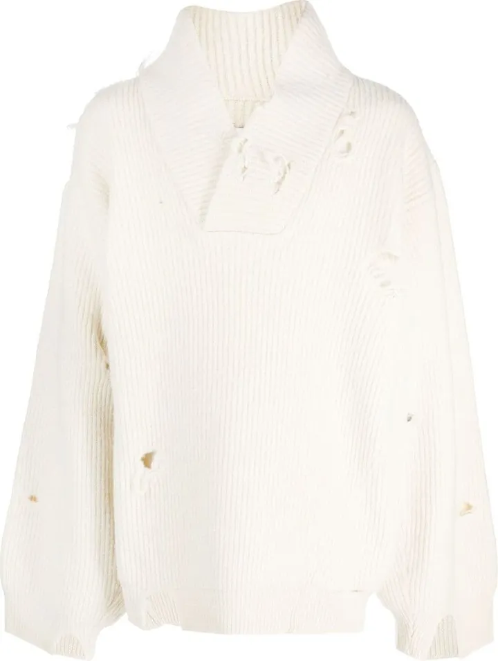 Destroyed V-neck ribbed-knit jumper