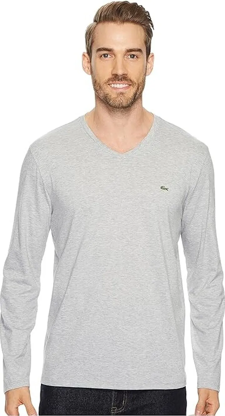 Lacoste Long Sleeve Pima Jersey V-Neck T-Shirt (Silver Chine) Men's T Shirt
