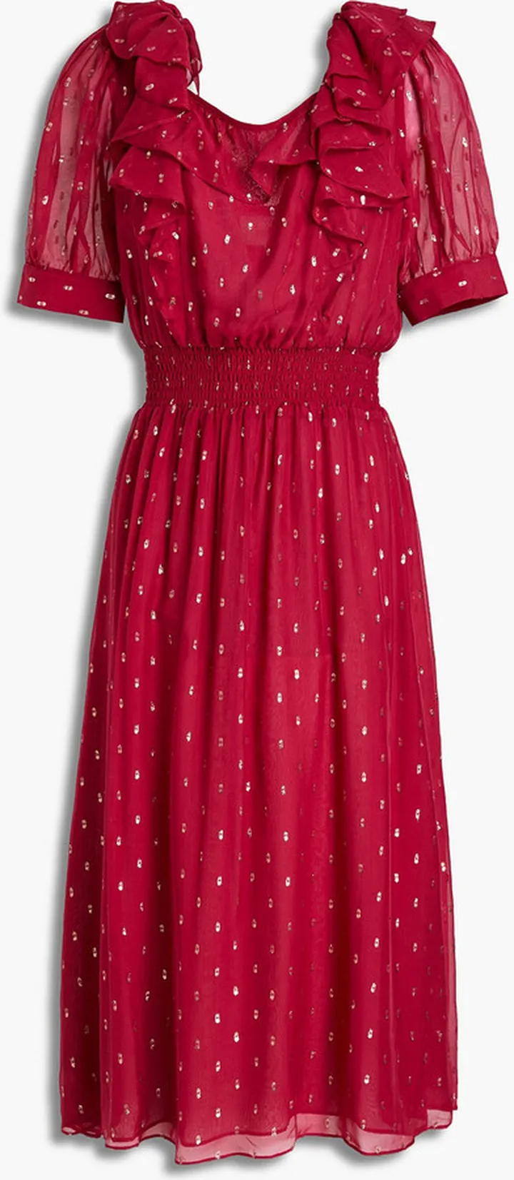 Romeo ruffled metallic fil coupé georgette midi dress