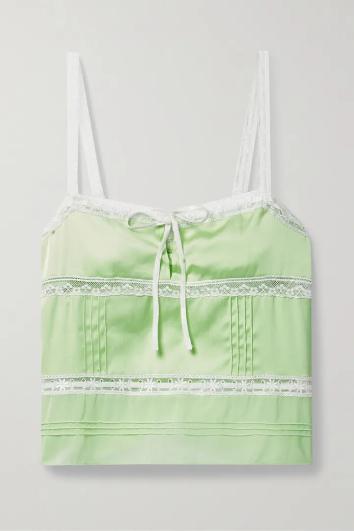LoveShackFancy - Sunny Lace-trimmed Pintucked Satin And Chiffon Camisole - Green