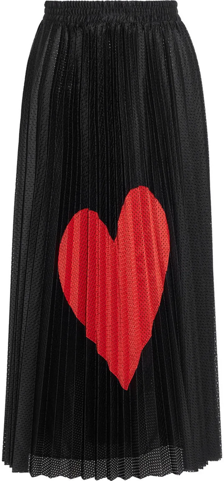 Appliquéd pleated mesh midi skirt
