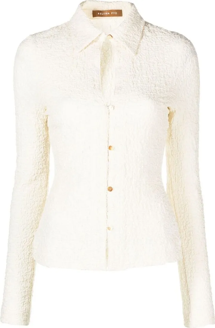 Crinkled Long-Sleeve Polo Top
