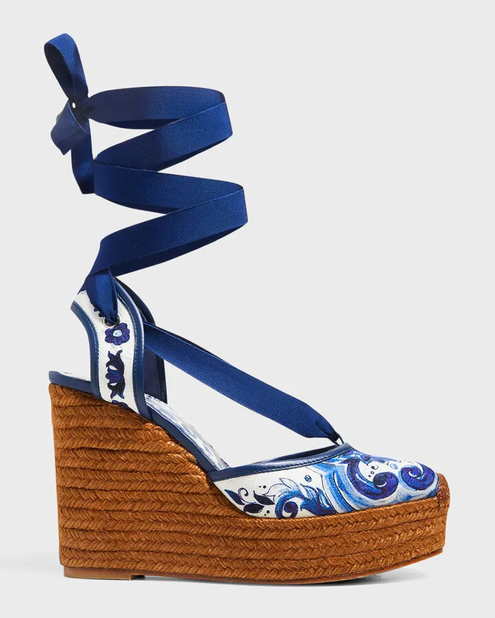 Lola Brocade Ankle-Wrap Wedge Espadrilles