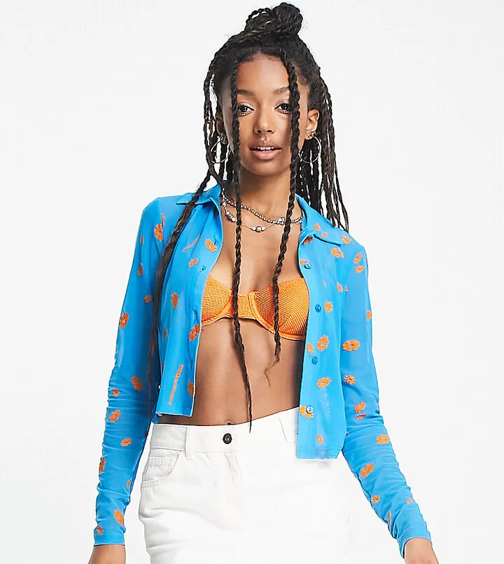 COLLUSION flower embroidered mesh shirt in blue