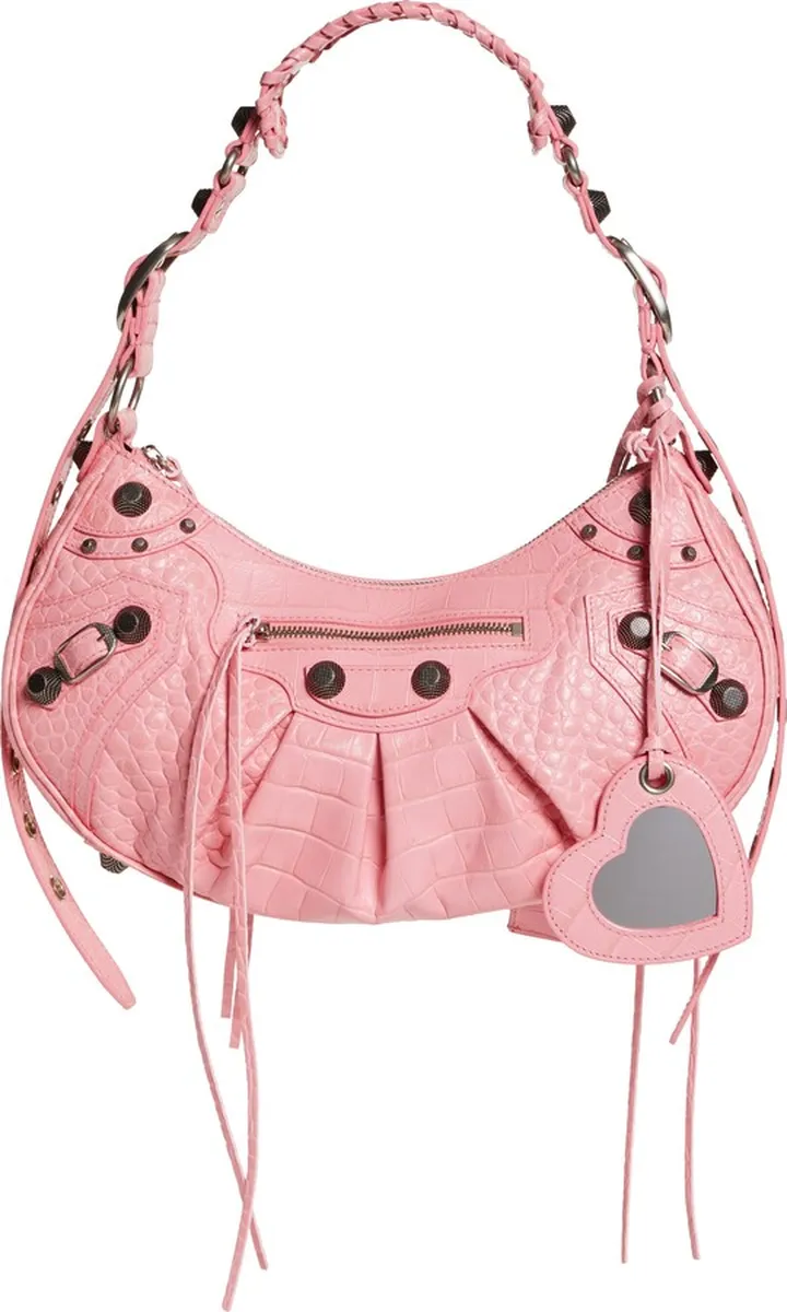 Le Cagole Small Metallic Croc Embossed Leather Shoulder Bag