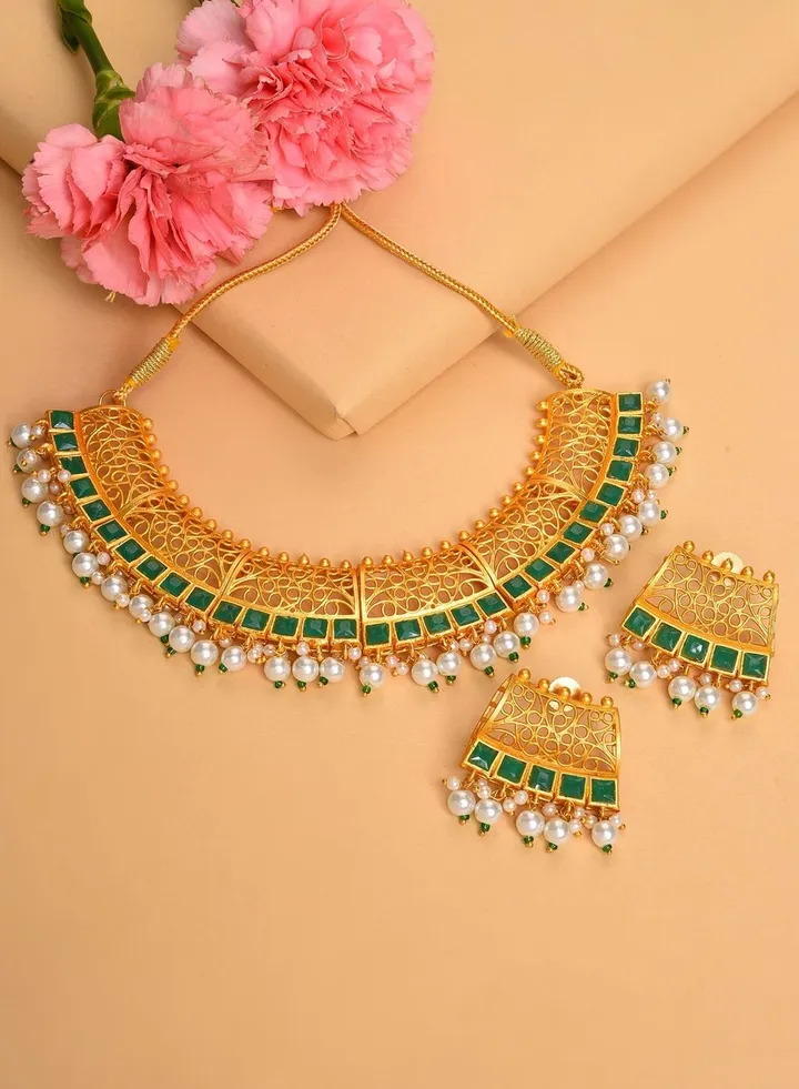 Gold Plated Designer Stone Beaded Necklace and Earrings Set