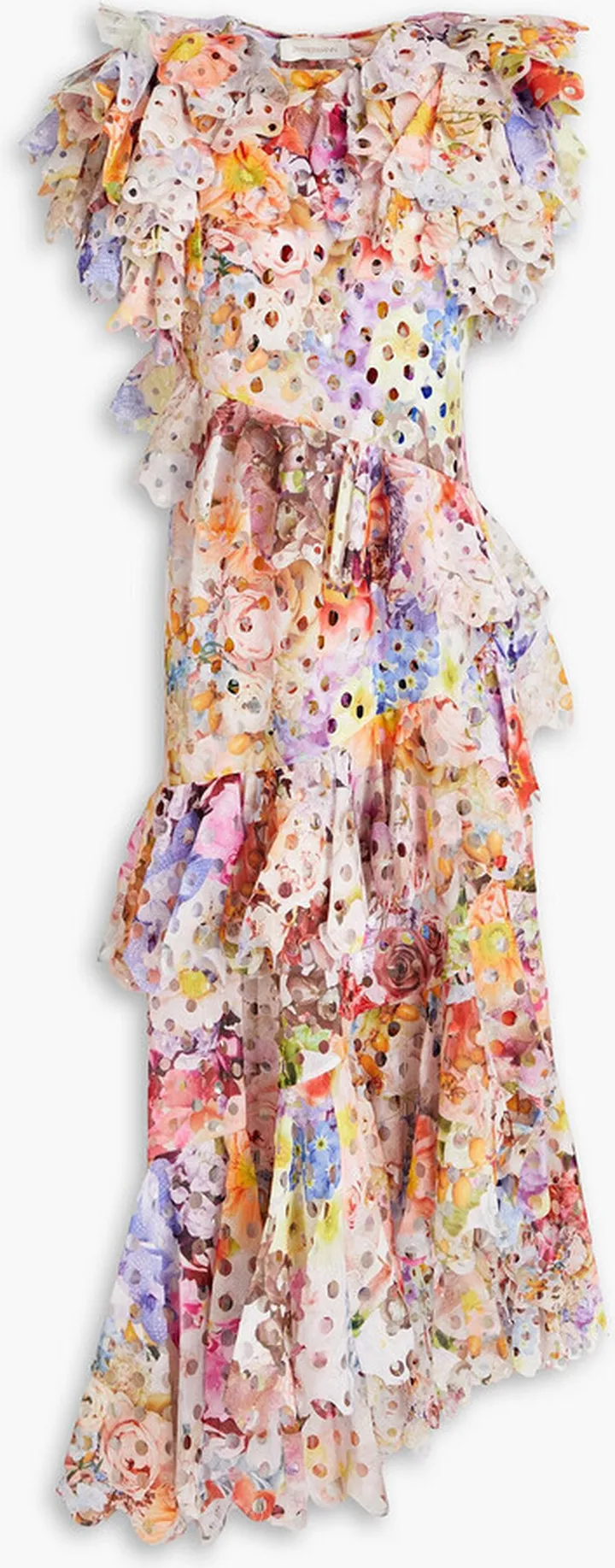 Asymmetric ruffled laser-cut floral-print crepe dress