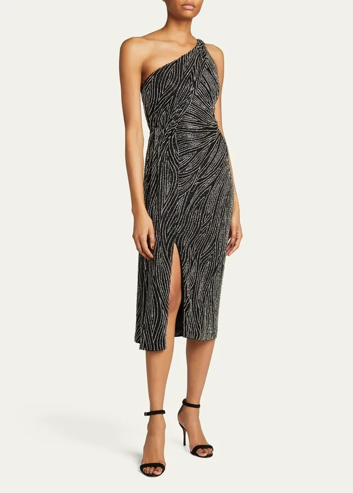 Beaded One-Shoulder Midi Dress