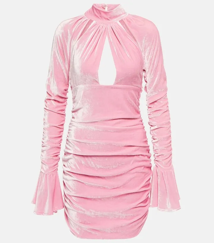 Ruched mockneck velvet minidress