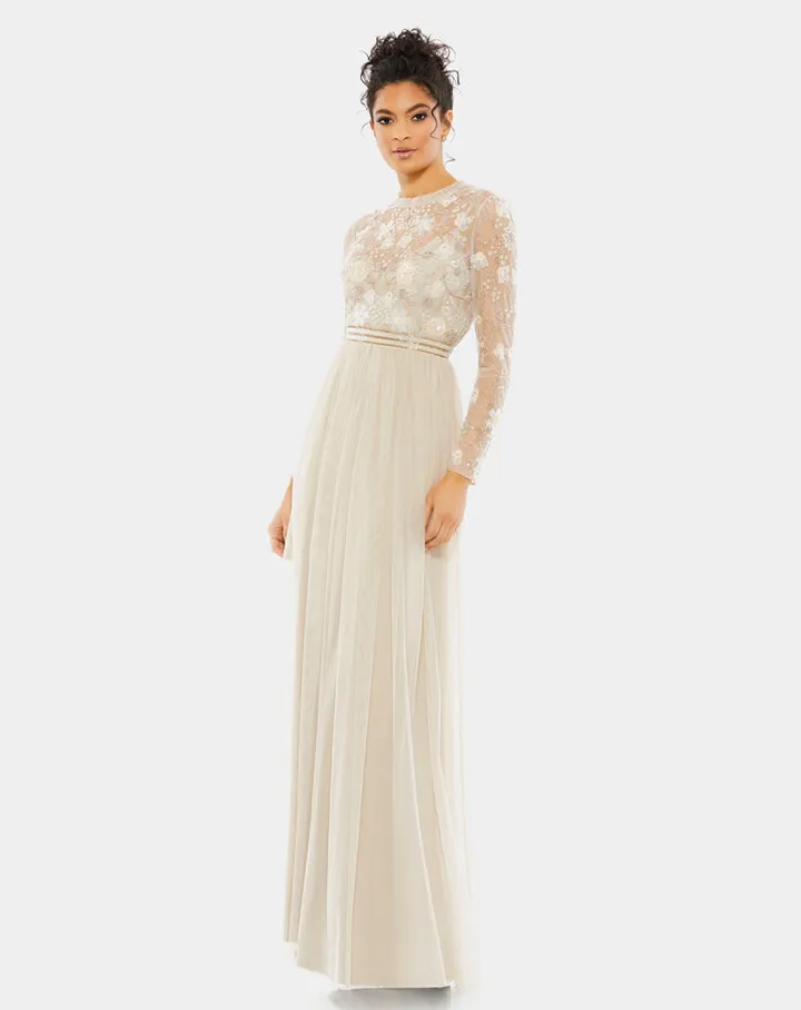 Embellished Illusion High Neck Long Sleeve Gown