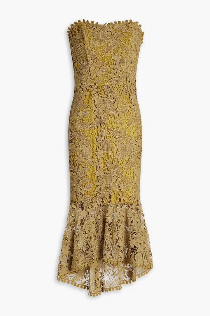 Strapless asymmetric cotton guipure-lace midi dress