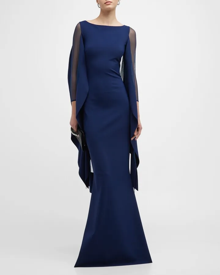 Kacey Illusion-Sleeve Cape Gown