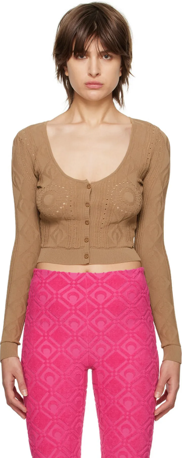 Marine Serre Beige V-Neck Cardigan