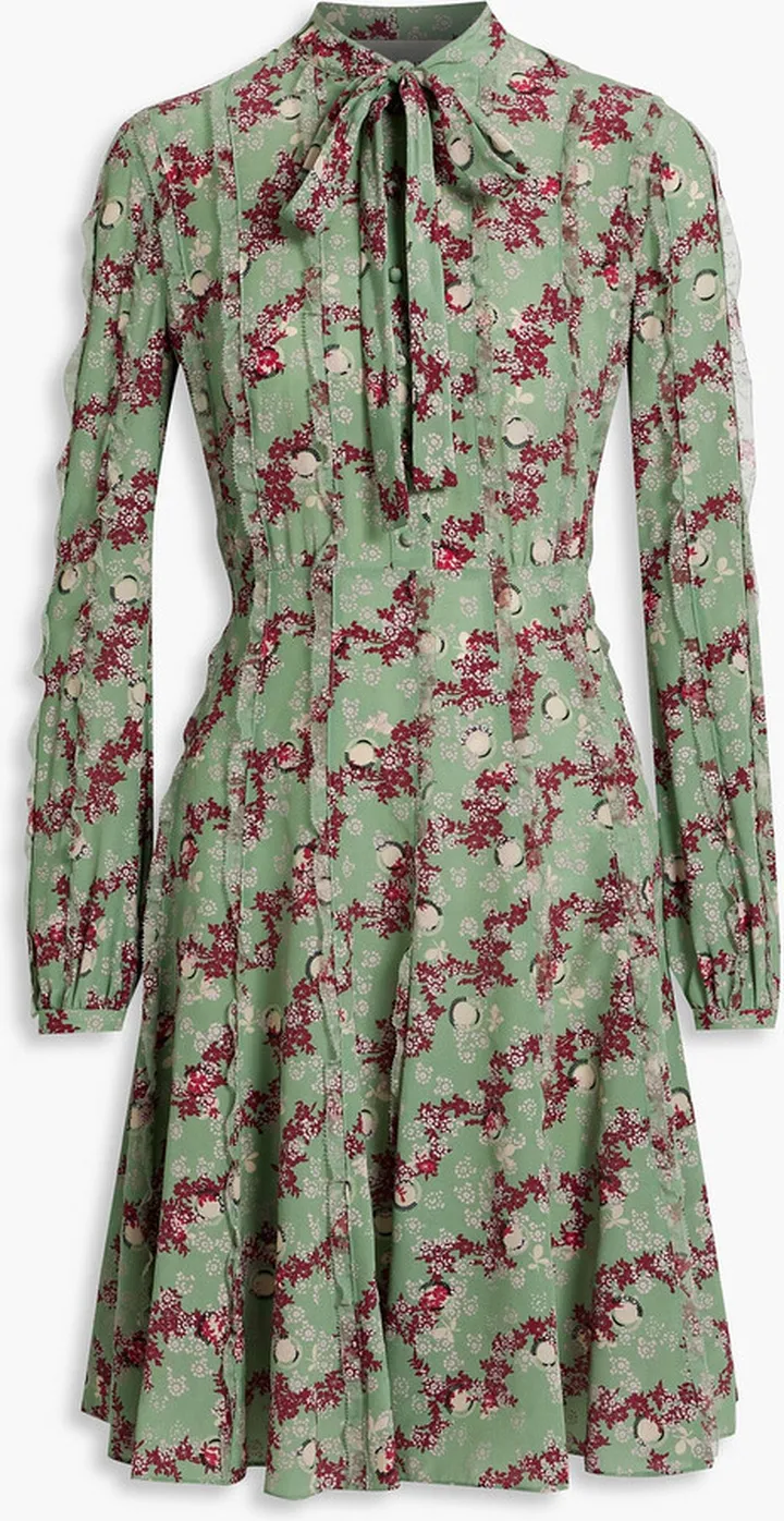 Pussy-bow printed silk crepe de chine dress