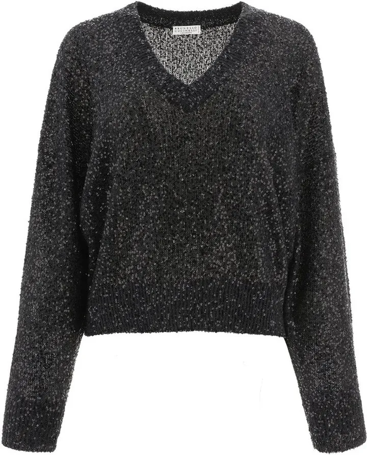 Brunello Cucinelli Sequin-Embellished V-Neck Knitted Jumper