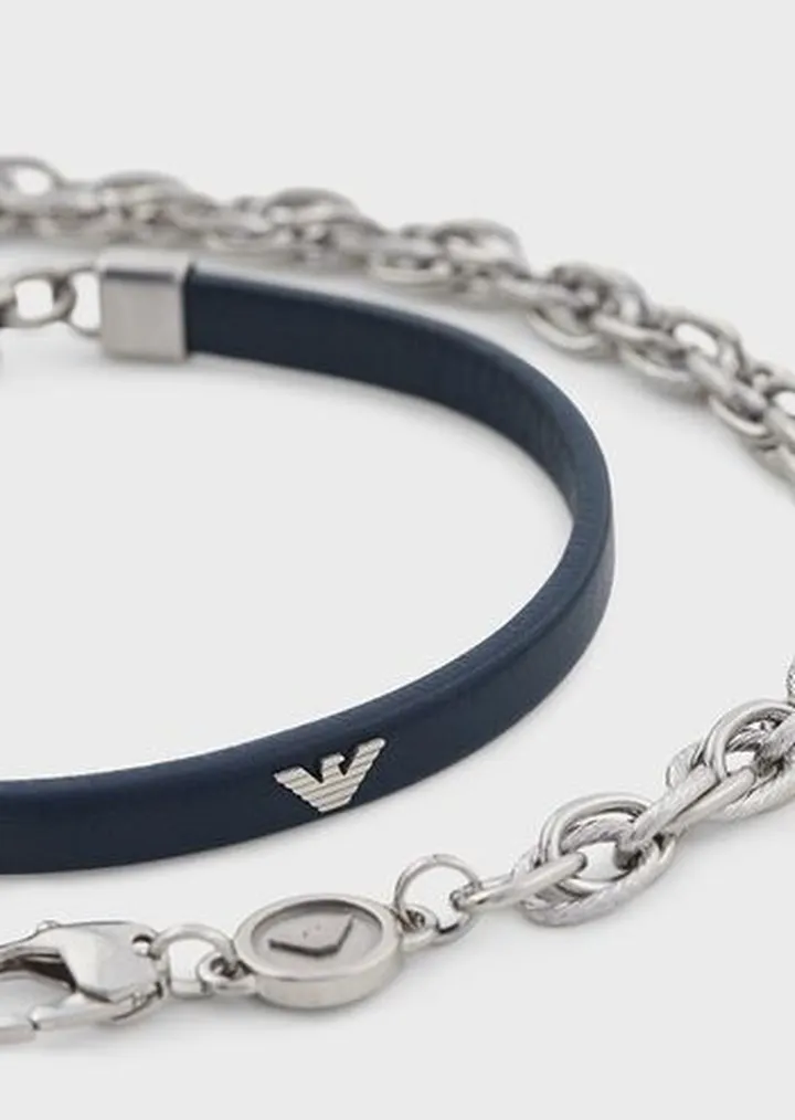Blue Leather and Stainless Steel Bracelet Set