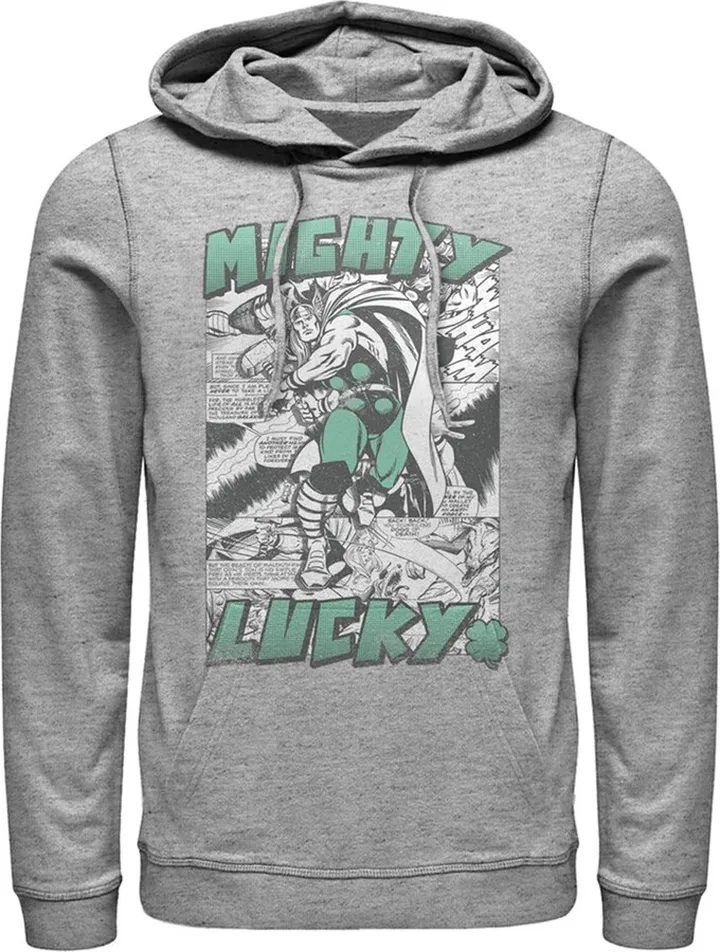 Men's Marvel Thor Comic St. Patrick's Day Mighty Lucky Pull Over Hoodie - Athletic Heather - Small