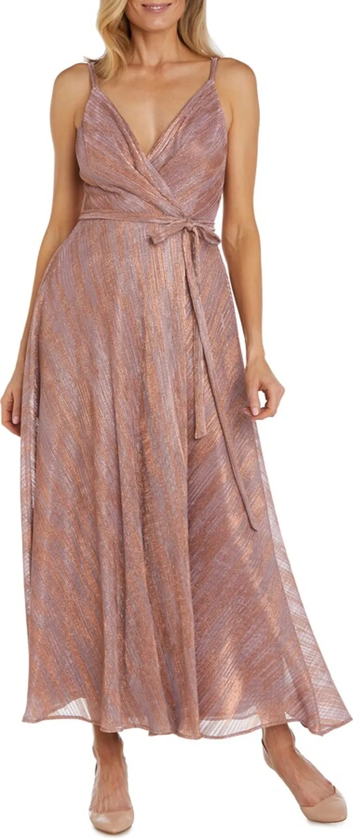 Metallic Stripe Faux Wrap Dress