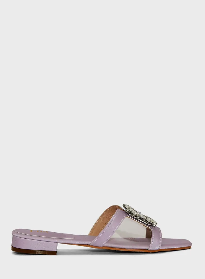 Jewelled Buckle Satin Flat Sandals