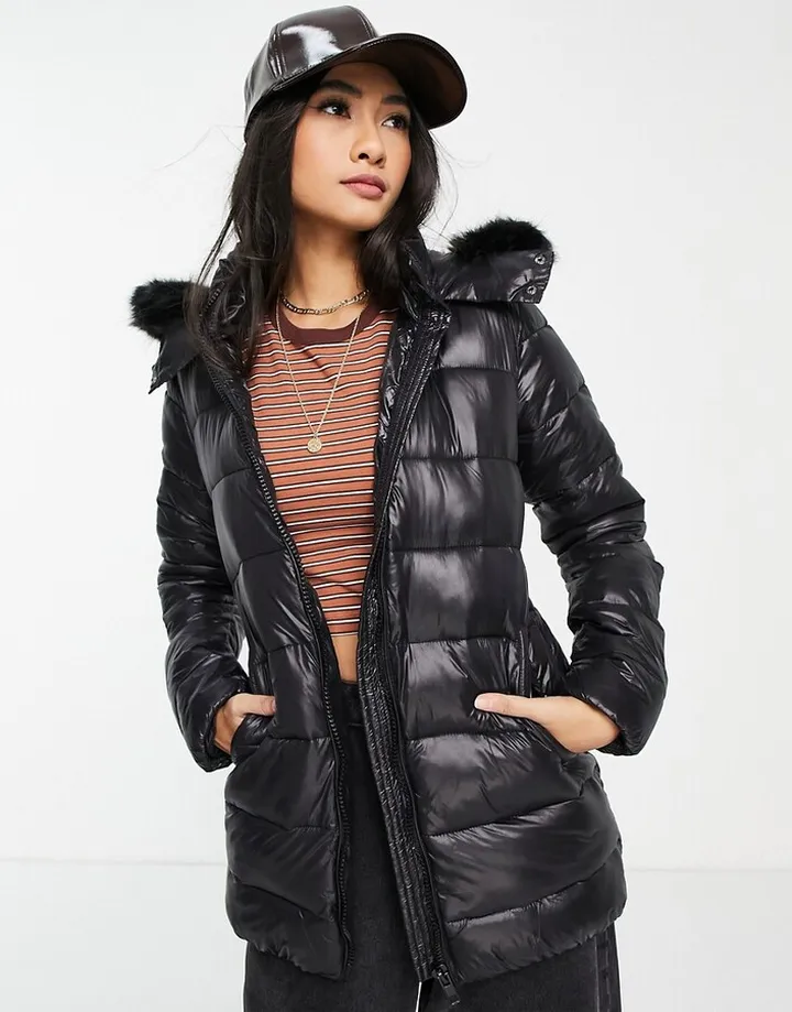 Gianni Feraud classic faux fur trim padded jacket in black