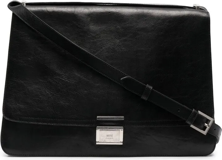 Large Clasp-Fastened Leather Crossbody Bag