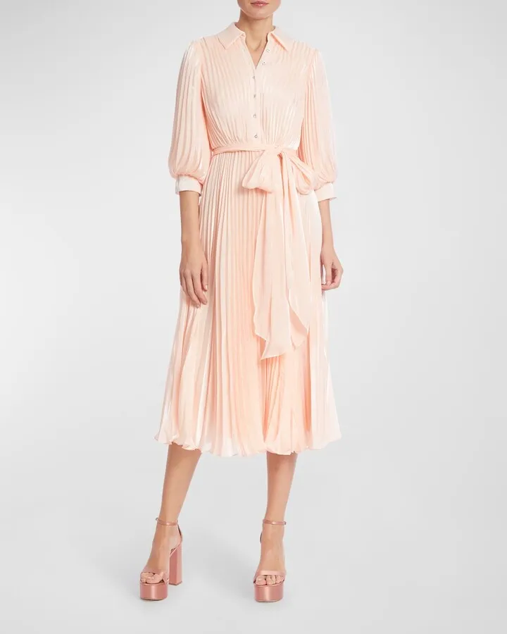 Pleated Shimmer Puff-Sleeve Shirtdress