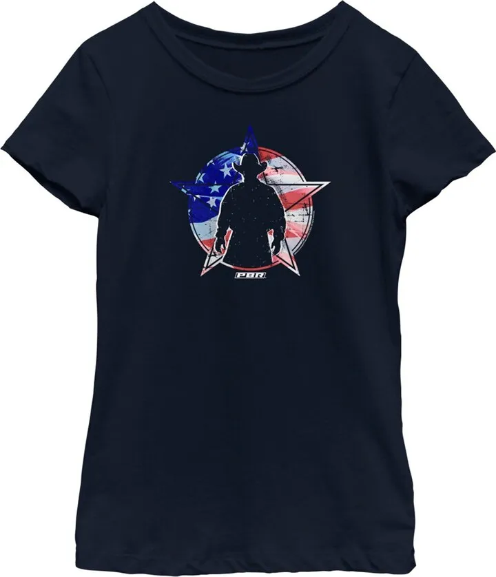 Girl's Professional Bull Riders American Flag Cowboy Silhouette T-Shirt - Navy Blue - X Large