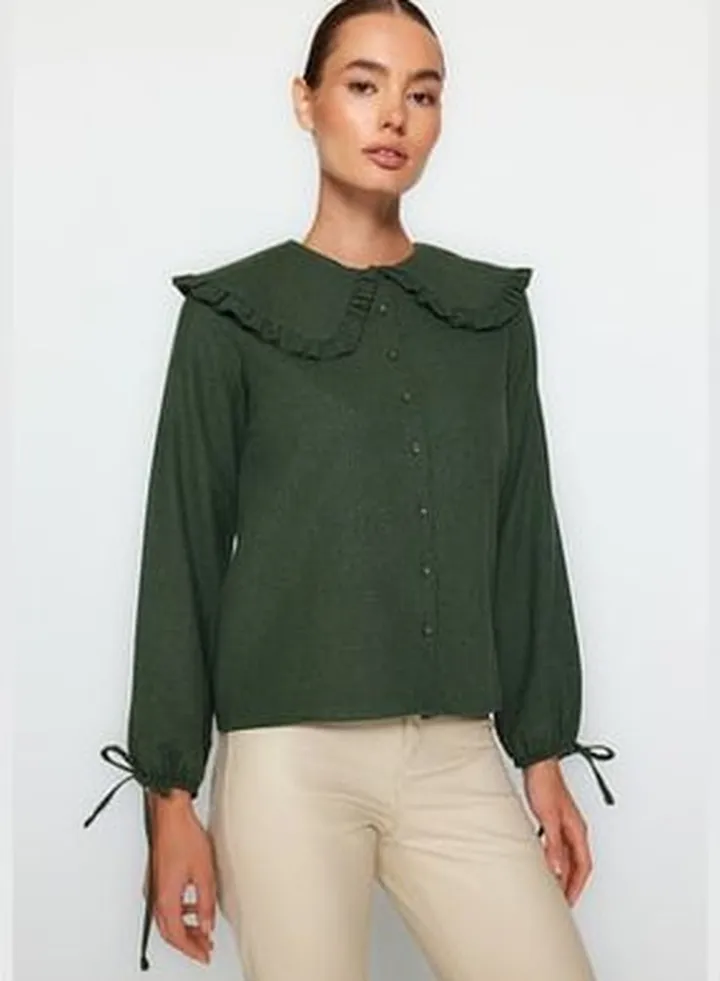Dark Khaki Big Collar Detailed Woven Shirt TWOAW21GO0677